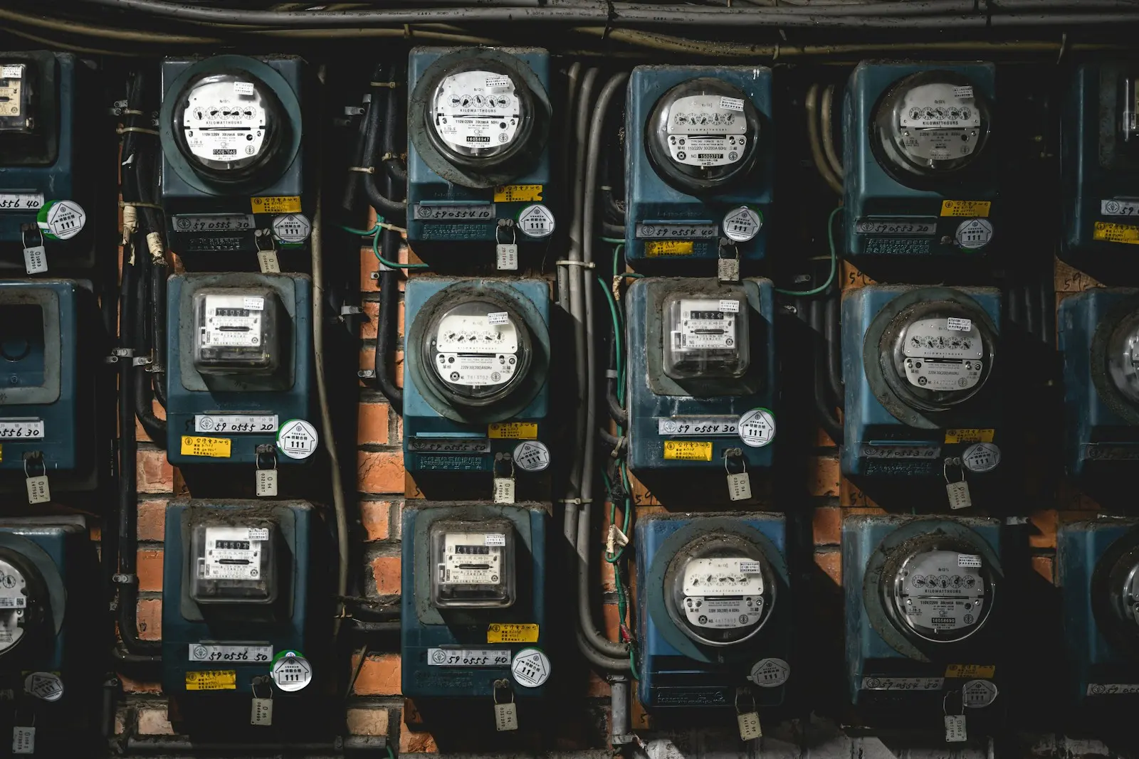 Bir binanın duvarında sıra sıra dizilmiş elektrik sayaçları ve kabloları.